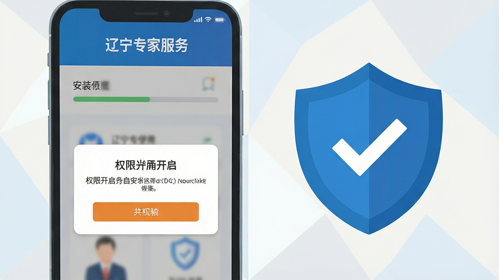 画面主体为“辽宁专家服务”应用新手安装使用场景,布局采用手机与提示图标组合的构图,手机屏幕显示安装进度条与权限开启提示弹窗,旁边配有盾牌安全图标;风格为扁平化信息图风格,配色以蓝色、白色与橙色点缀为主;细节上弹窗文字清晰,盾牌图标带有对勾符号,背景为浅色几何图形拼接,整体画面干净整洁,无多余杂乱元素,画质高清,传达安全安装的视觉信息