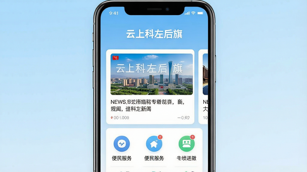 一张手机屏幕展示本地新闻资讯类应用的界面,画面中央为手机正视图,屏幕上排列着新闻卡片和便民服务图标,背景为浅蓝色渐变,整体布局简洁清晰,风格现代扁平化,细节精致,画质高清,干净无多余元素,屏幕上方显示文字