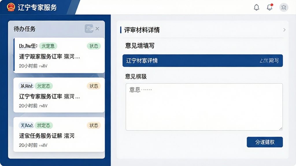 画面主体为“辽宁专家服务”应用中的在线评审功能场景,布局采用左右分栏结构,左侧为待办任务列表卡片,右侧为评审材料详情与意见填写区域;风格为商务政务风,配色以深蓝与白色为主,辅以浅灰卡片底色;细节上任务卡片带有状态标签与时间戳,意见输入框清晰可见,整体排版规整,画面干净整洁无杂乱元素,画质高清,呈现高效办公的视觉氛围