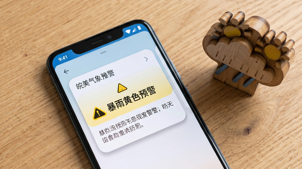 画面主体为一部平放在桌面上的安卓手机,屏幕内显示“皖美气象”预警推送卡片,卡片上有黄色预警图标与“暴雨黄色预警”字样,下方为防御指引短句;手机旁边有一枚木质天气图标摆件;布局为俯拍视角、手机居中偏左;风格为清新生活静物摄影;细节包括屏幕亮度柔和、卡片圆角阴影、桌面纹理自然;画质为高清,画面干净,无多余元素