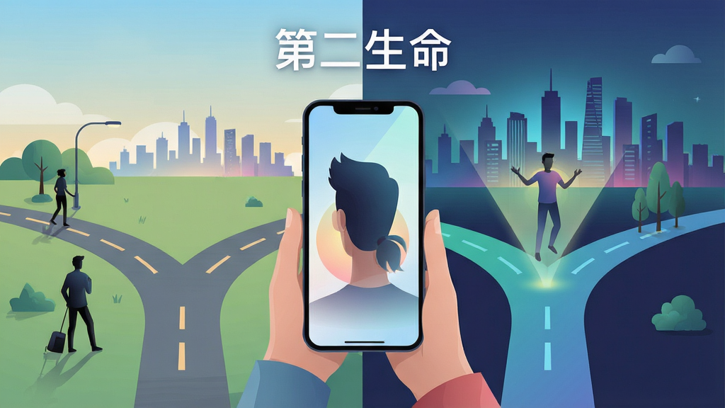 主体为一个手持智能手机的用户站在分岔路口,屏幕中投射出虚拟角色与城市轮廓;布局采用左右分屏构图,左侧现实场景、右侧虚拟世界;排版简洁居中;风格为现代扁平插画;细节包括角色剪影、路径分叉、光晕渐变;画质高清、干净、无多余元素,画面中打文字