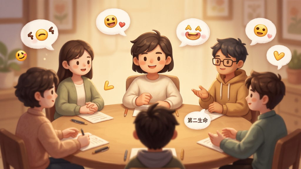 主体为多个虚拟角色围坐在圆桌旁交流互动;布局为环形构图突出社交氛围;排版以中心人物为视觉焦点;风格为温暖治愈系插画;细节包括对话气泡、表情符号、柔和光影;画质高清、干净、无多余元素,画面中打文字