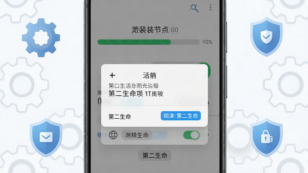 主体为一部安卓手机屏幕显示安装进度条与权限设置弹窗;布局为手机居中、周围环绕齿轮与盾牌图标;排版突出安装流程节点;风格为科技简约风;细节包括进度百分比、权限开关、提示标签;画质高清、干净、无多余元素,画面中打文字