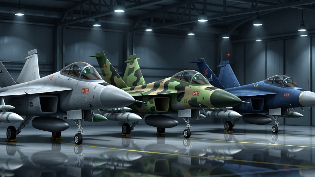 Modern Jet Fighters Online机库界面,画面中展示三架并排停放的现代喷气战斗机,机身涂装分别为灰色、迷彩绿与深蓝色,背景为开放式机库与灯光,布局为横向排列,风格为科技感军事界面,细节包含机翼挂载导弹、起落架、地面反光,画质清晰,干净,无多余元素