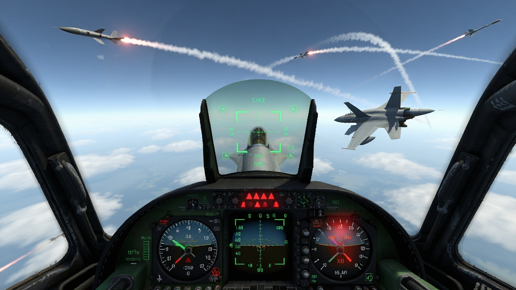 Modern Jet Fighters Online战斗画面,第一人称座舱视角,前方平视显示器上显示锁定框与高度速度数据,窗外可见一架敌机正在转向规避,天空中有导弹尾迹,布局为全屏战斗视角,风格为写实飞行模拟,细节包含仪表盘反光、云层透视、锁定警示红光,画质高清,干净,无多余元素