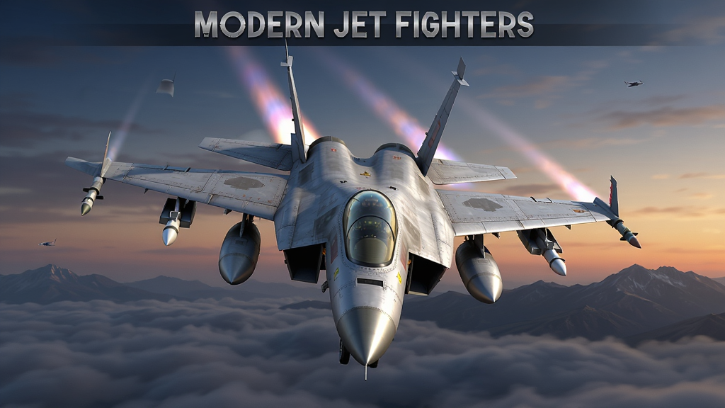 现代喷气战机Modern Jet Fighters Online游戏主界面,画面中央是一架银灰色喷气式战斗机从云层中俯冲而出,机翼下挂载导弹,背景为黄昏时分的天空与远处山脉,布局采用居中构图,上方留出软件名称标题区域,风格为写实军事游戏宣传图,细节包含机身铆钉纹理、尾焰光效、云层层次,画质高清,干净,无多余元素