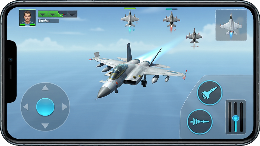 Modern Jet Fighters Online手机端操作界面示意,画面为横屏游戏画面,左下角显示虚拟摇杆,右下角为武器发射按钮与油门滑块,屏幕上方显示队友与敌机标记,布局为典型手游操控布局,风格为简洁UI说明图,细节包含按钮高亮状态、半透明面板、战机在画面中央飞行,画质清晰,干净,无多余元素