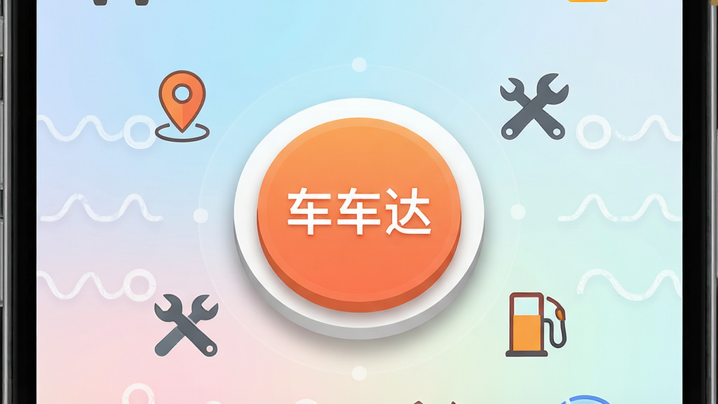 主体为手机屏幕特写,屏幕中央显示一个醒目的圆形求助按钮,按钮上方标注“车车达”名称,按钮周围环绕定位图标、扳手图标与油枪图标,布局为居中对称构图,风格为扁平化UI设计风,细节包含柔和的渐变背景、清晰的图标线条、按钮的立体阴影效果,画质干净清爽,无多余元素
