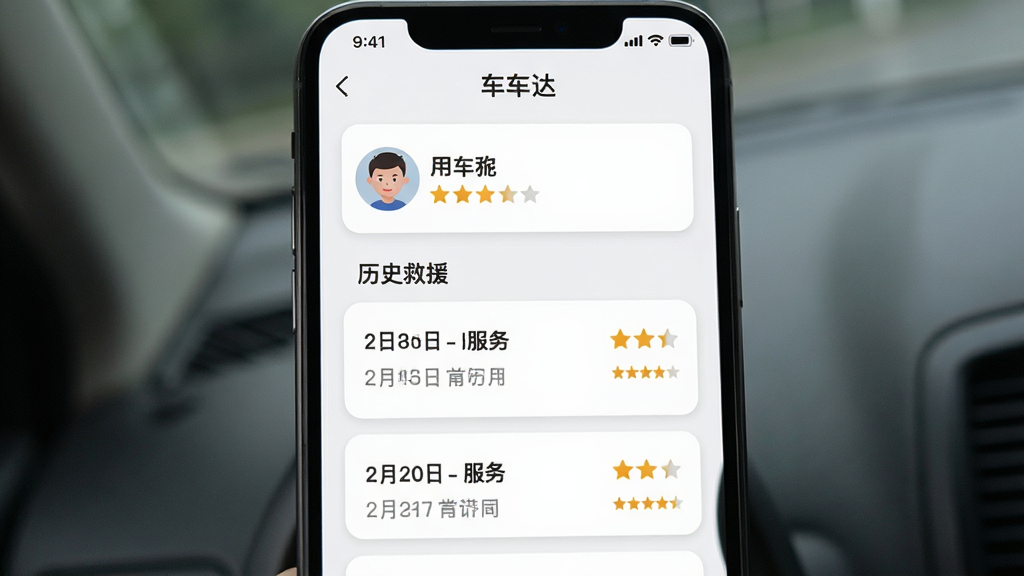 主体为手机屏幕展示个人中心页面,页面上方显示用户头像与昵称,中部为历史救援记录列表,每条记录包含日期、服务类型与星级评分,页面顶部标注“车车达”字样,布局为竖版列表式构图,风格为简洁卡片式UI风,细节包含圆角卡片、星级图标、浅色分隔线,画质清晰,界面干净,无多余元素