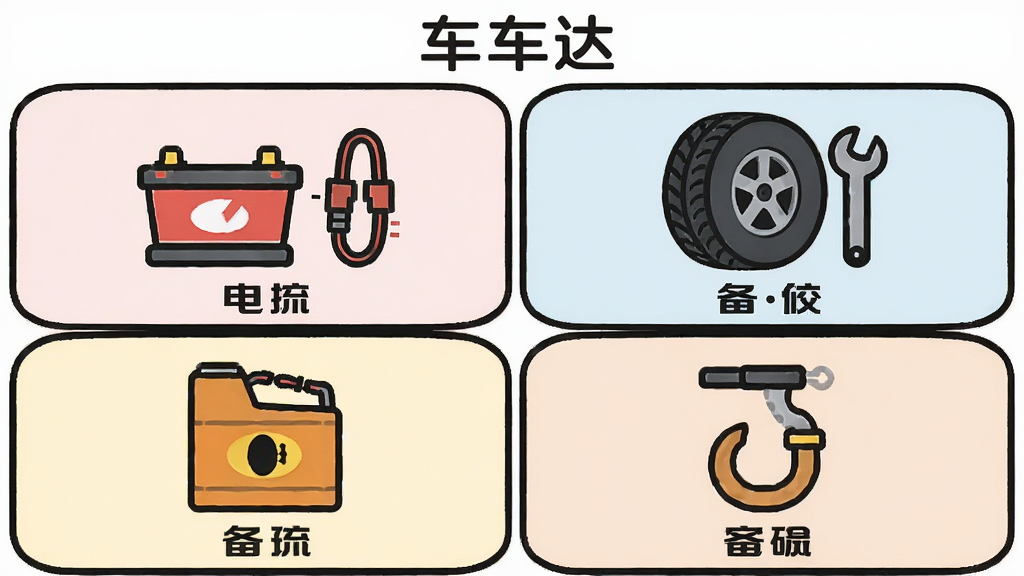 主体为四宫格图标组合,分别展示电瓶搭电线、备胎与扳手、油桶、拖车钩四个元素,每个图标下方配有简短文字标签,布局为2x2网格排列,风格为扁平化图标设计风,细节包含统一的线条粗细、柔和的底色块、图标圆角处理,顶部居中位置标注“车车达”文字,画质干净整洁,无多余元素