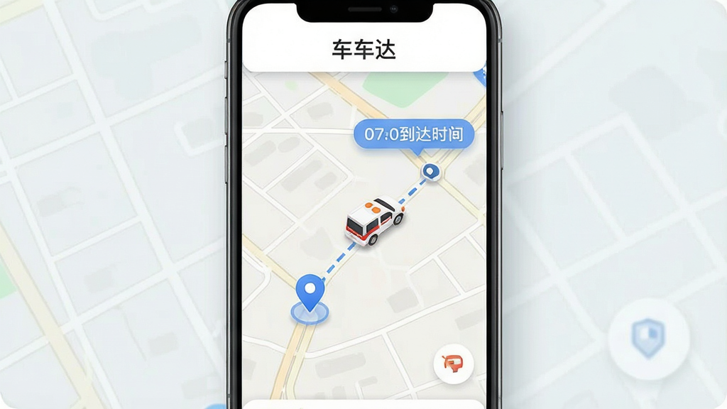 主体为手机界面展示地图路线,地图上有一个蓝色定位点与一个移动中的救援车图标,两者之间显示虚线路径与预计到达时间标签,界面顶部标注“车车达”字样,布局为竖版手机屏幕构图,风格为现代地图导航界面风,细节包含道路网格、图标阴影、时间标签的圆角设计,画质清晰,色彩柔和,无多余元素
