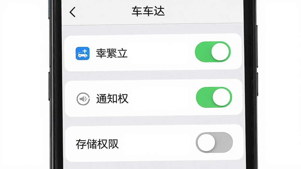 主体为手机屏幕展示权限设置界面,界面中包含定位权限开关、通知权限开关与存储权限开关,每个开关旁配有说明文字,屏幕上方标注“车车达”字样,布局为竖版设置页面构图,风格为简洁系统设置界面风,细节包含绿色开启状态开关、灰色关闭状态开关、权限图标,画质清晰,界面干净,无多余元素