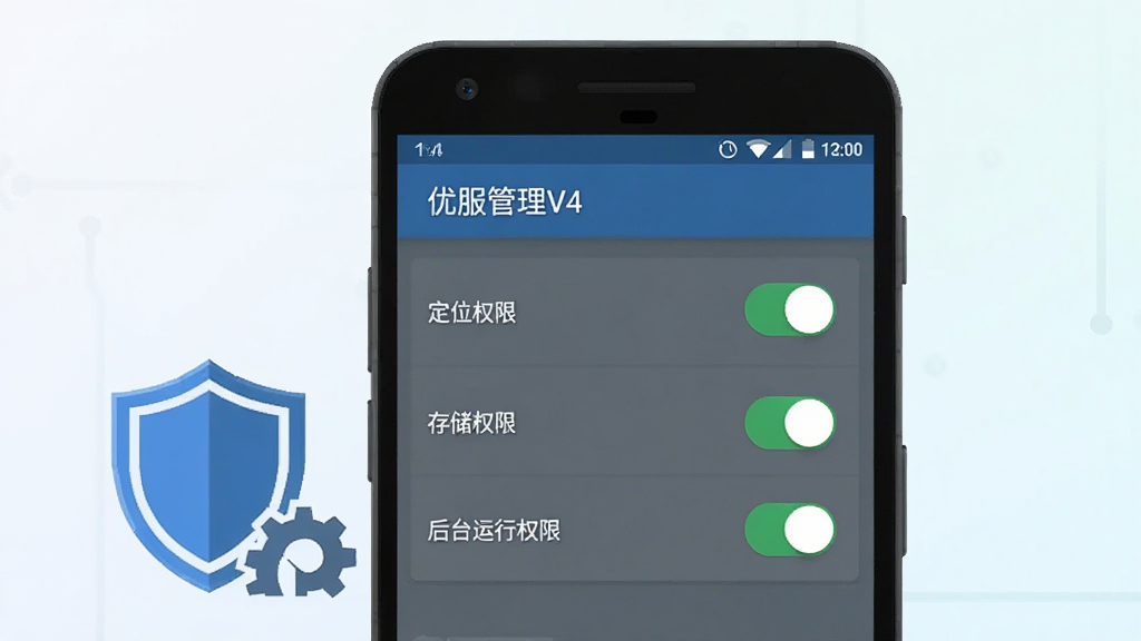 画面展示一部安卓手机屏幕显示“优服管理V4”权限设置界面,界面中定位权限、存储权限、后台运行权限三个开关处于开启状态,手机旁边放置一个盾牌图标与一个齿轮图标,背景为浅色简约科技感渐变,风格清晰扁平,细节干净,无多余元素