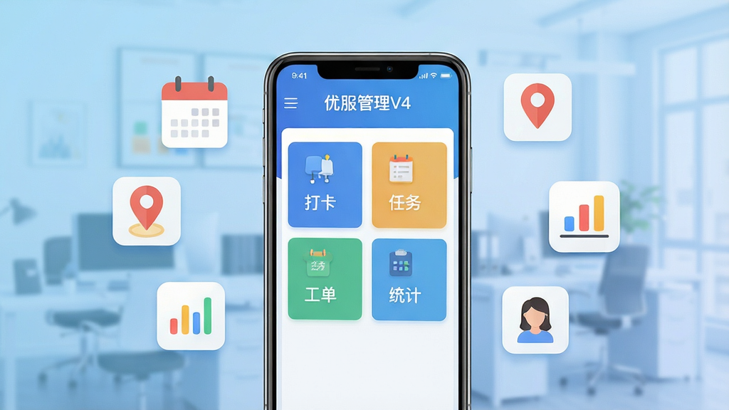 画面中央放置一部智能手机,手机屏幕显示“优服管理V4”应用主界面,界面包含打卡、任务、工单、统计四个卡片模块,手机周围环绕悬浮的日历图标、定位图标、数据图表图标与人员头像图标,背景为浅蓝色渐变办公场景虚化处理,整体风格清爽现代扁平化,细节清晰,画质干净,无多余元素