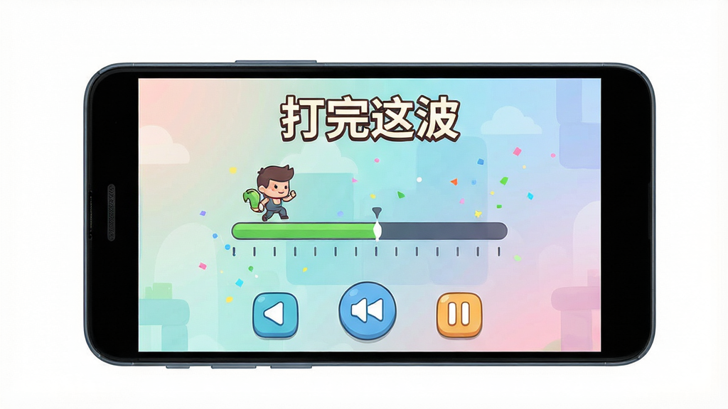 主体为一部横放的安卓手机,屏幕中显示休闲闯关游戏界面,画面中央有波次进度条与简洁卡通角色,布局为手机居中、四周留白,排版采用上下结构上方为游戏标题下方为操作按钮,风格为清爽扁平化插画,细节包含进度条刻度、轻量粒子效果、柔和渐变背景,画质高清干净无多余元素,画面中文字为“打完这波”