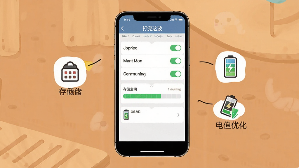 主体为手机屏幕显示游戏设置与权限管理界面,布局为手机居中、旁边配有小图标提示存储与电池优化,排版上下结构,风格为简洁说明插画,细节包含权限开关、存储空间条、电池图标,画质高清干净无多余元素,画面中文字为“打完这波”