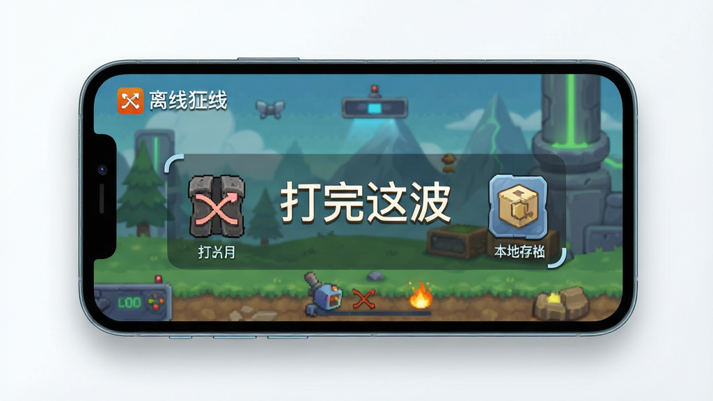 主体为手机屏幕显示单机游戏界面并配有飞行模式图标,布局为手机居中、左上角显示离线标识,排版简洁上下结构,风格为清爽科技插画,细节包含断网图标、本地存档标识、柔和阴影,画质高清干净无多余元素,画面中文字为“打完这波”