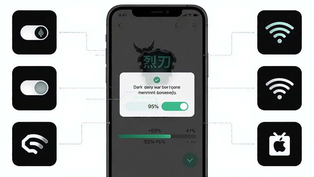 暗黑烈刃手机端安装与权限设置示意画面,主体为手机屏幕显示权限弹窗与安装进度条,布局为手机居中、周围环绕图标提示,排版为教程图解式构图,风格为简洁科技感,细节包含存储权限开关、WiFi图标、进度条百分比,画质高清干净无多余元素