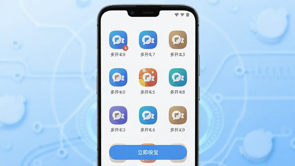 主体为一部安卓手机屏幕,屏幕中央展示分身宝应用界面,界面中排列多个应用分身图标,布局为手机居中展示,背景为浅蓝色渐变科技感风格,细节包含应用图标、多开数量标识、简洁按钮,画质清晰干净,无多余元素