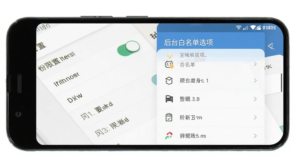 主体为安卓手机操作界面示意,画面展示分身宝权限设置页面与后台白名单选项,布局为手机屏幕特写居中,风格为简洁明快的扁平化设计,细节包含权限开关、白名单列表与提示文字,画质清晰干净,无多余元素