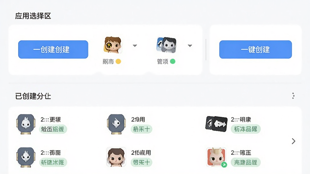 主体为分身宝管理界面示意,画面展示应用列表与一键创建按钮,布局为上下结构,上方为应用选择区下方为已创建分身列表,风格为简约清爽的浅色UI风格,细节包含创建按钮、分身图标与状态标签,画质清晰干净,无多余元素