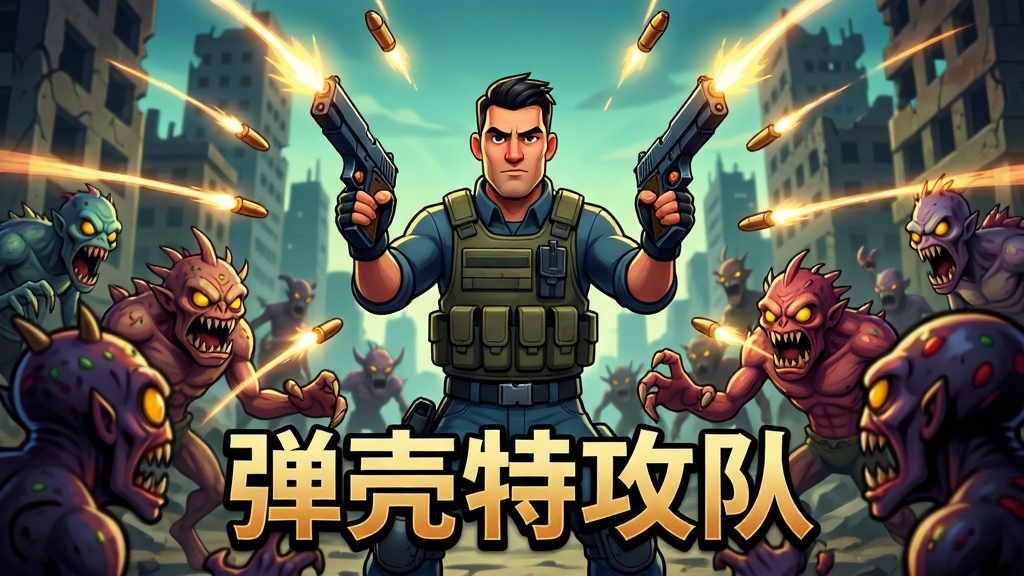 画面中央一名身穿战术背心的特工角色手持双枪站立,四周被密密麻麻的变异怪物包围,子弹轨迹形成光弧,背景为废土城市废墟,画面下方有