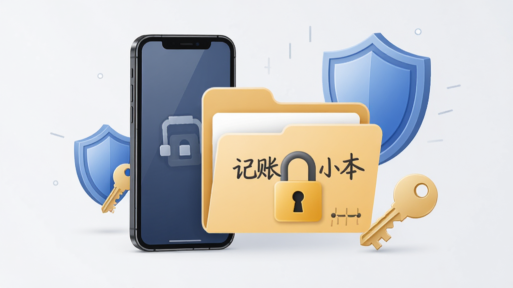 一张表现数据安全本地存储概念的示意图,画面中央是一部手机和一个带锁的文件夹图标,文件夹上写有“记账小本”,周围有盾牌和钥匙元素,背景为浅灰色,风格简洁商务,细节清晰,画质干净,无多余装饰