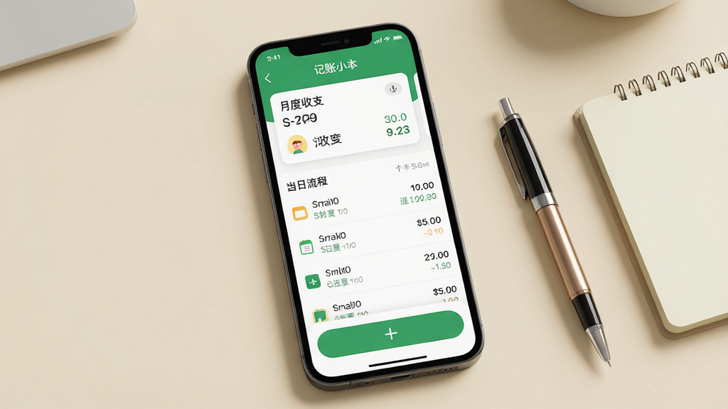 一张展示记账小本应用主界面的手机屏幕渲染图,画面中央是一部竖放的智能手机,屏幕内显示记账小本的首页,顶部是月度收支汇总卡片,中间是当日流水列表,底部有醒目的加号记账按钮,背景为浅米色桌面,旁边摆放一支笔和一个小本子,整体风格清新简约,细节清晰,画质干净,无多余元素,图片中屏幕内文字标注“记账小本”