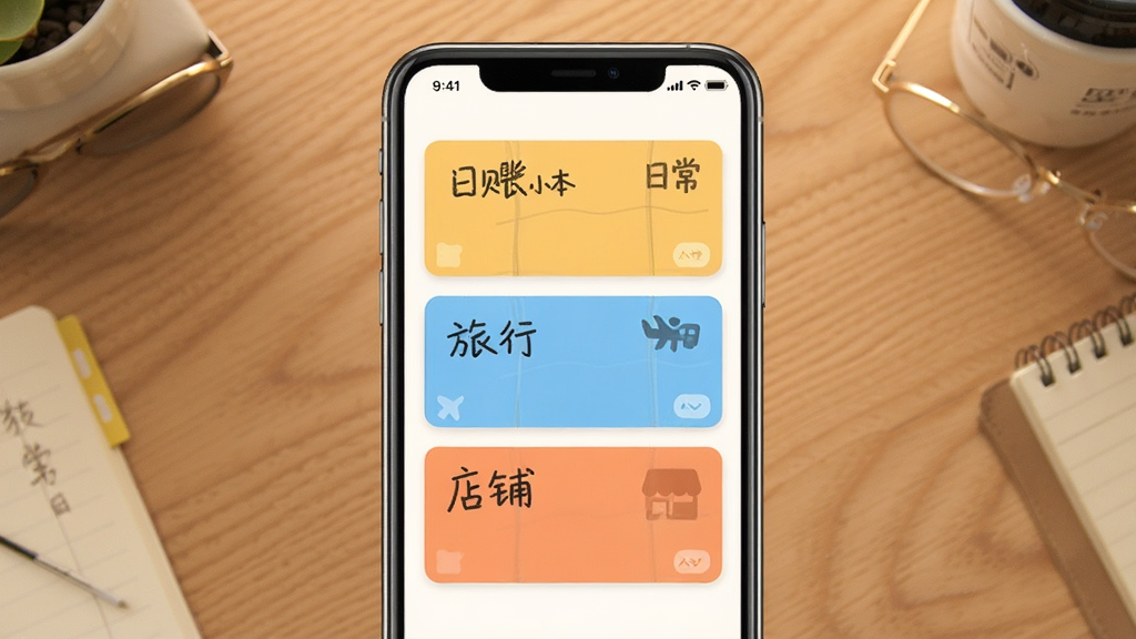 一张展示记账小本多账本切换功能的界面图,手机屏幕内显示三个账本卡片,分别标注“日常”“旅行”“店铺”,卡片颜色不同,背景为木质桌面,风格温馨实用,细节清楚,画质干净,图片中卡片上写有“记账小本”