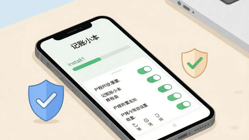 一张表现手机应用安装与权限设置场景的示意图,画面中一部手机屏幕显示安装进度条和权限开关列表,旁边有盾牌和勾选标记,背景为浅色桌面,风格简洁明了,细节清晰,画质干净,图片中手机屏幕上方写有“记账小本”