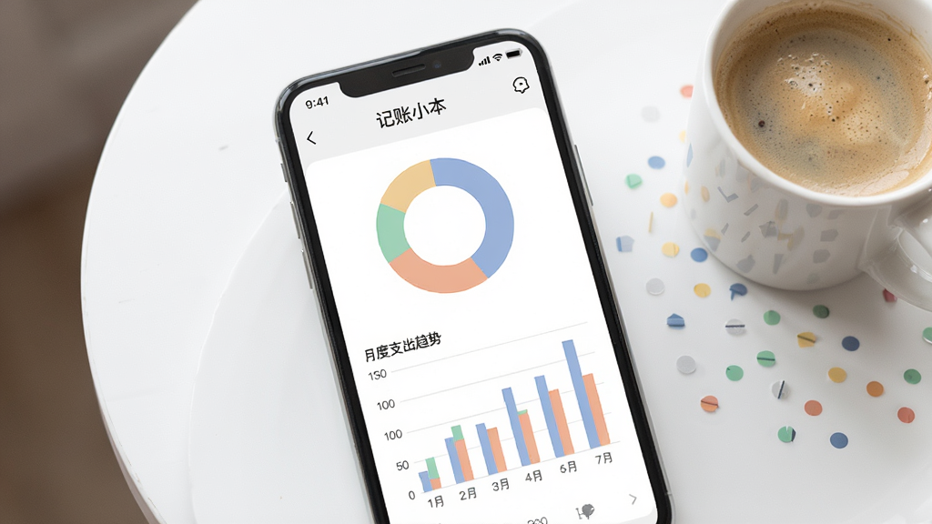 一张展示记账小本月度报表页面的手机界面图,屏幕中央是环形分类占比图和柱状月度支出趋势图,配色柔和,背景为白色桌面,旁边放着一杯咖啡,风格现代简洁,细节丰富,画质干净,图片中图表区域标注“记账小本”