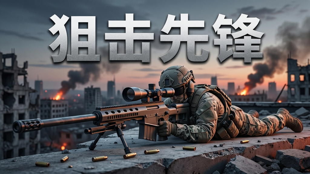 画面中央一名身穿战术装备的狙击手趴在废弃楼顶边缘,手持带瞄准镜的重型狙击步枪,背景是黄昏时分的废墟城市天际线,远处有微弱火光与烟尘,主体占画面中下部,上方留出天空区域用于放置
