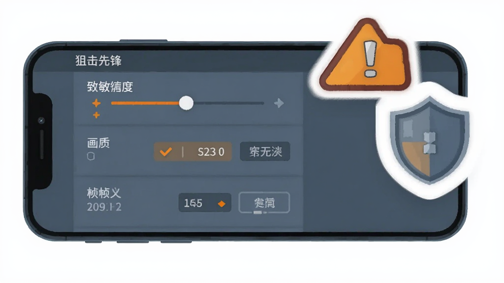 一部手机屏幕显示狙击先锋游戏设置界面,界面中包含灵敏度滑块、画质选项、帧率选择等条目,旁边悬浮一个卡通风格的警告图标与盾牌图标,整体采用扁平插画风格,色调以蓝灰与橙色点缀,布局清晰分栏,画质干净无杂乱元素
