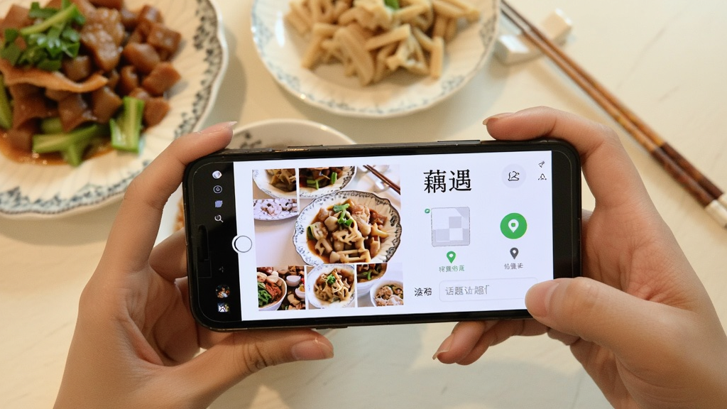 画面主体为双手持手机拍摄桌上餐食的场景,手机屏幕显示