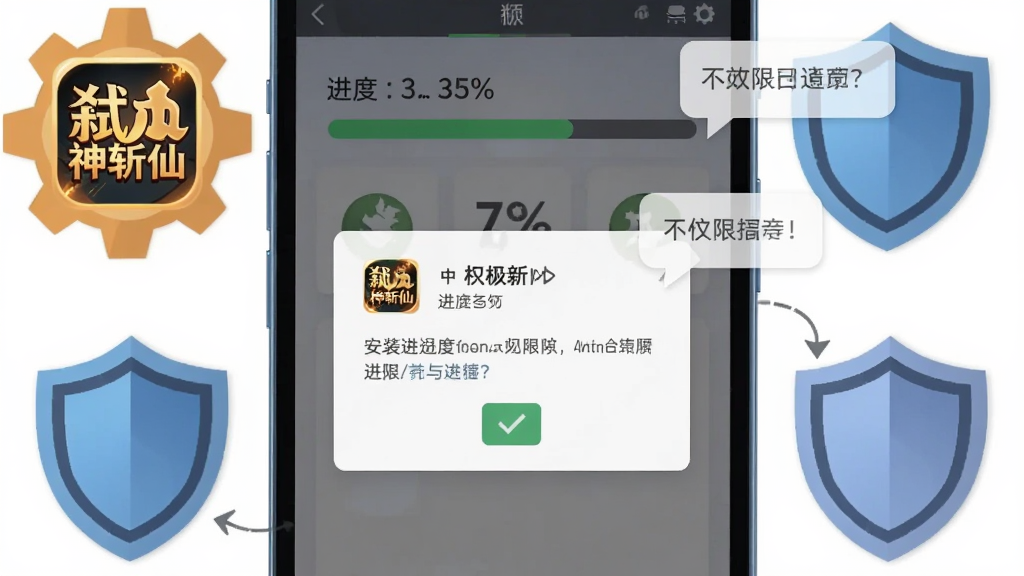 画面主体为手机屏幕特写,屏幕上显示仙侠手游的安装进度条与权限设置弹窗,布局上手机居中、周围环绕齿轮与盾牌图标,排版采用教程示意图的横向构图,风格为扁平科技插画,细节包含“弑神斩仙”图标、进度百分比、勾选按钮与提示气泡,画质清晰、配色简洁、干净无多余元素