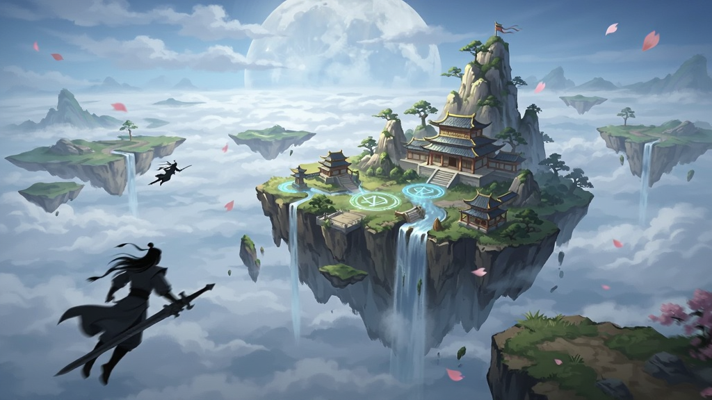 画面主体为浮空的仙侠大陆全景,布局上近景是御剑飞行的修士剪影、中景为层叠宫殿与瀑布、远景是云海与巨大月亮,排版采用横向宽幅游戏场景原画构图,风格为国风幻想概念艺术,细节包含发光法阵、飘落花瓣、山体纹理与雾气层次,画质精美、光影柔和、干净无多余元素
