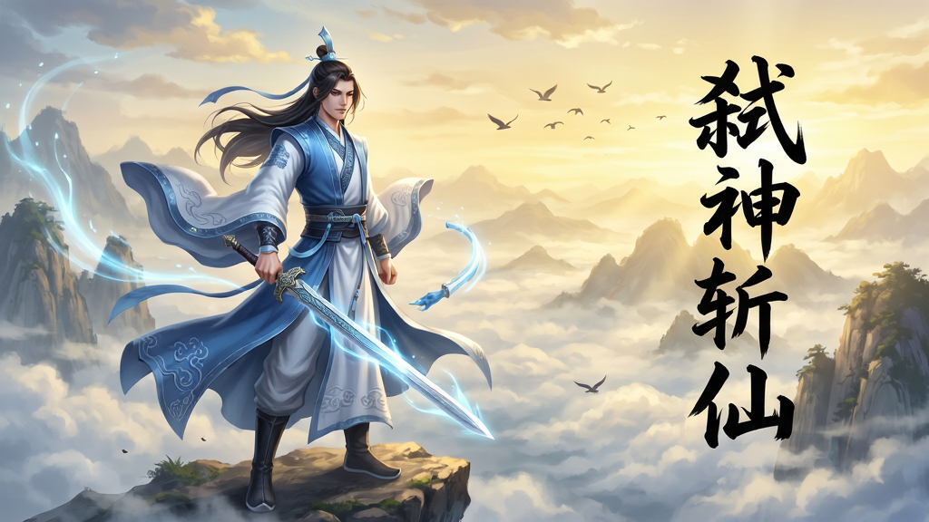 画面主体是一位身着青白长袍的仙侠修行者,手持长剑立于云海山巅,背景为层叠的远山与金色霞光,布局上人物居中偏左、右侧留白放置竖排书法标题“弑神斩仙”,排版采用游戏启动页的竖版构图,风格为国风仙侠CG插画,细节包含飘动的衣袂、剑身流光、云纹暗刻与远处飞鸟,画质高清、色彩通透、干净无多余元素