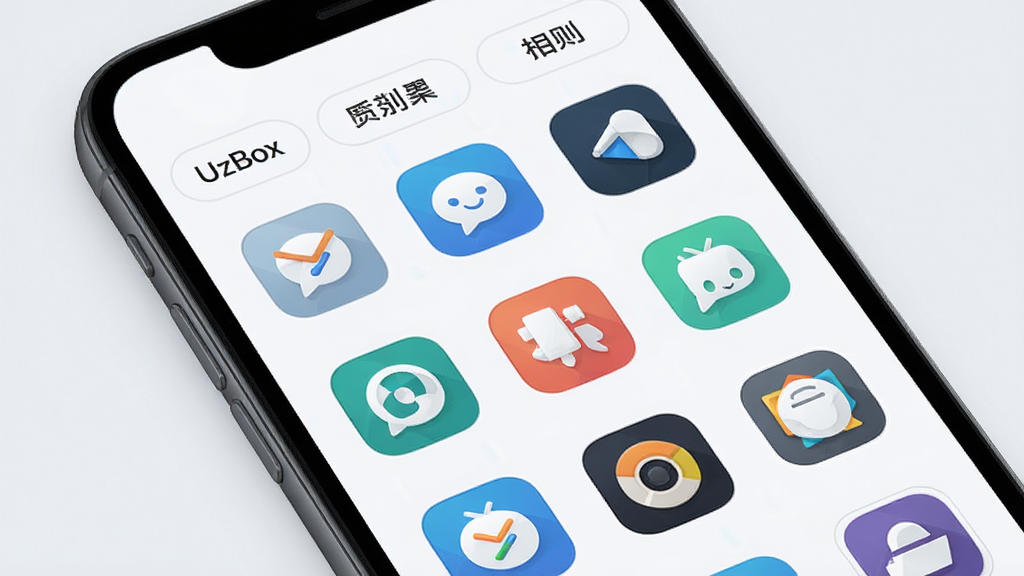 UzBox应用聚合界面展示,手机屏幕中央排列整齐的应用图标网格,分类标签位于顶部,整体风格简洁清爽,浅色背景,UI设计感强,高清画质,干净无多余元素