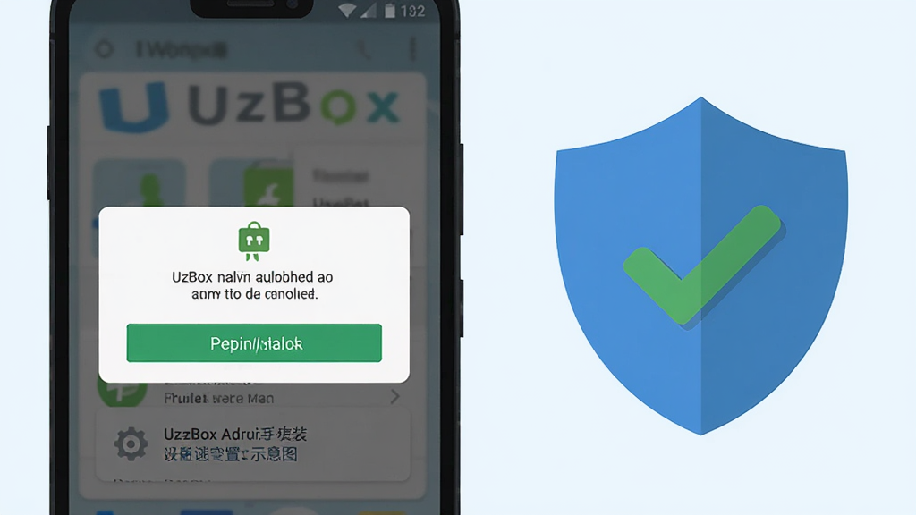 UzBox安卓手机安装设置示意图,手机屏幕展示权限授予弹窗与存储空间提示,旁边有盾牌图标与勾选标记,扁平插画风格,浅色背景,高清画质,画面干净整洁