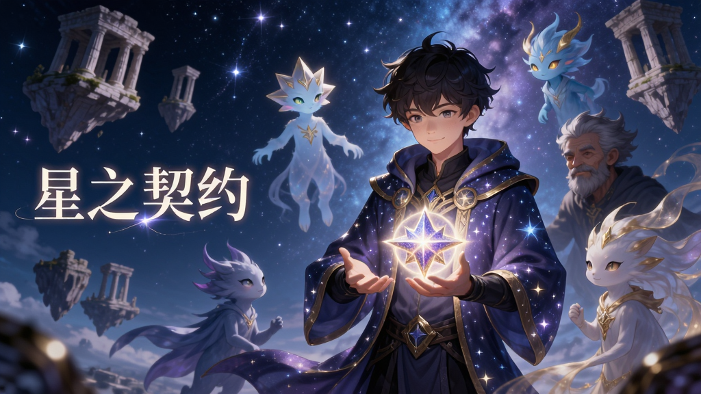 主视觉画面,画面中央是一位身披星辉长袍的年轻契约者,双手托举一颗发光的星辰,周围环绕着多位形态各异的星灵伙伴,背景是梦幻的星空与漂浮的古老遗迹,画面左侧用发光字体写着“星之契约”,整体风格为精致二次元奇幻插画,色彩以深蓝、紫金为主,细节丰富,画质高清,画面干净无多余元素