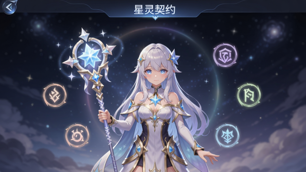 画面展示星灵契约界面,中央是一位手持星辰法杖的少女星灵,四周悬浮着代表不同属性的符文图标,背景为深色星空与光晕,界面风格简洁现代,上方用文字标注“星灵契约”,整体为游戏UI概念图风格,色彩柔和,画质清晰,画面干净无杂乱元素