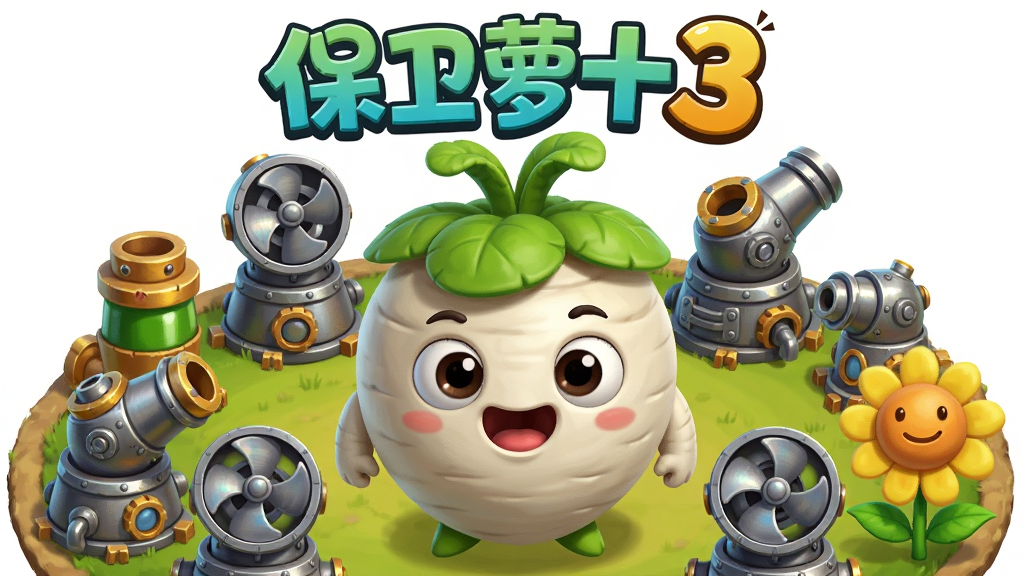 主体为一只巨大的Q版白萝卜头戴绿色叶子帽站在画面中央,周围环绕着各种造型可爱的炮塔如瓶子炮、风扇炮和太阳花,布局采用中心对称的圆形构图,排版上游戏名称“保卫萝卜3”以活泼的卡通字体悬浮在画面上方,风格为明亮鲜艳的3D卡通渲染,细节包括萝卜生动的表情和炮塔上精致的金属纹理,画质清晰干净,无多余元素。