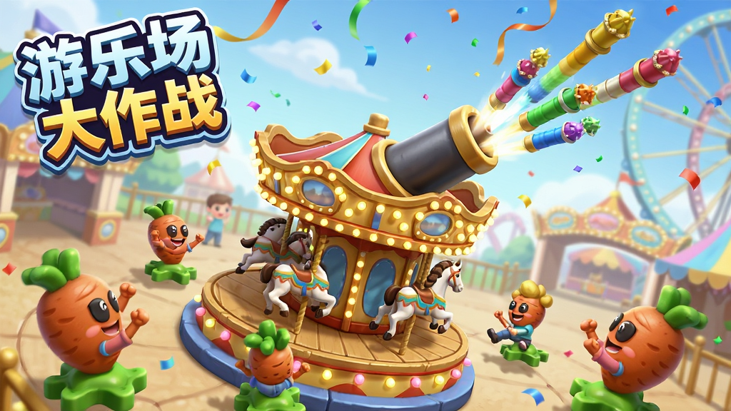 场景设定在一个热闹的游乐场入口,画面中心是一座巨大的旋转木马造型炮塔正在发射彩色炮弹,周围有多个玩家控制的萝卜角色在欢呼,布局采用透视感强的斜角构图,排版上画面角落用醒目的标签写着“游乐场大作战”,风格为欢乐明快的节日庆典风格,细节包括空中飘散的彩带和旋转木马上的灯泡装饰,画质高清,干净通透。