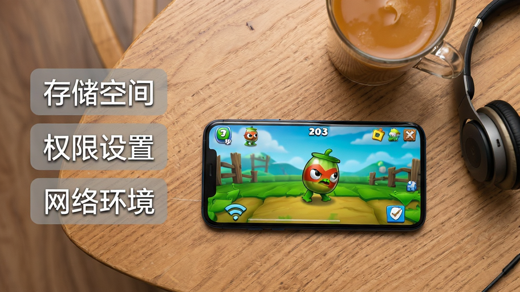 画面展示一部智能手机横屏放置,屏幕上显示保卫萝卜3的游戏主界面,手机旁边放着一杯饮料和一副耳机,布局采用俯视桌面视角,排版上画面左侧用半透明文字框列出“存储空间”“权限设置”“网络环境”三个检查项,风格为简洁的生活化数码场景,细节包括手机屏幕上的反光和桌面的木纹质感,画质清晰,干净整洁。