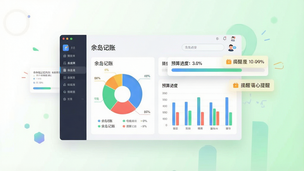 一张数据可视化示意图,画面中央是“余岛记账”月度报表页面,包含彩色饼图与柱状图,旁边悬浮预算进度条和提醒标签,背景为白色到淡绿色的柔和渐变,风格现代扁平,排版整齐,细节精致,画质清晰,无多余元素
