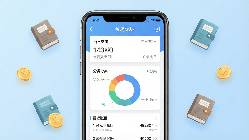 一张手机应用界面展示图,画面中央是一部竖屏智能手机,屏幕上显示“余岛记账”主界面,包含当日支出卡片、分类环形图和最近账目列表,背景为浅蓝色渐变,四周点缀悬浮的账本图标与金币元素,整体风格清爽简约,排版居中对称,细节干净,画质清晰,无多余元素