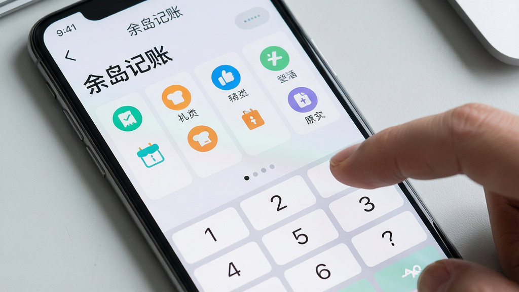 一张手机屏幕特写图,画面主体为“余岛记账”的快速记账面板,数字键盘位于下方,分类图标排列整齐,画面右侧有手指点击动作,背景为浅灰色工作台面,风格写实简约,布局紧凑,细节清晰,画质干净,无多余元素