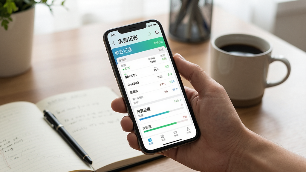 一张手机应用使用场景图,画面展示一只手握持手机,屏幕上显示“余岛记账”的账目列表与预算进度,背景为居家书桌环境,旁边放置笔记本和咖啡杯,风格生活化写实,构图自然,光线柔和,细节丰富,画质清晰,无多余元素