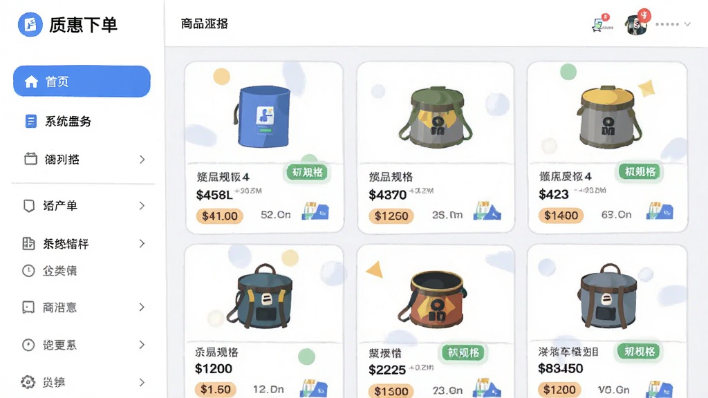 画面主体为质惠下单系统的商品分类页面,左侧为分类导航栏,右侧为商品卡片网格,卡片上标注价格与规格标签,布局清晰、排版规整,风格为现代扁平化UI插画,细节精致,画质高清,干净无多余元素
