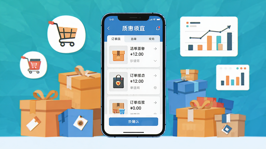 画面中心是一部智能手机,屏幕中展示质惠下单系统的商品列表与订单确认界面,手机周围环绕商品包装盒、购物车图标与数据统计图表,整体采用扁平化插画风格,主体突出、布局居中、排版干净,细节清晰,画质高清,干净整洁,无多余元素